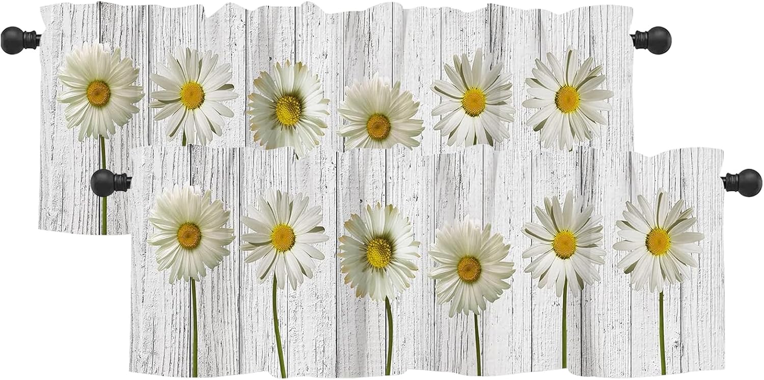 2 Pack Windows Valances Curtain Daisy Floral Kitchen Valances Rod Pocket Short Curtain Panels Spring Flower Wood Grain Retro Window Treatment Topper Curtains for Living Bedroom 54 x 18 In, 2 Panel