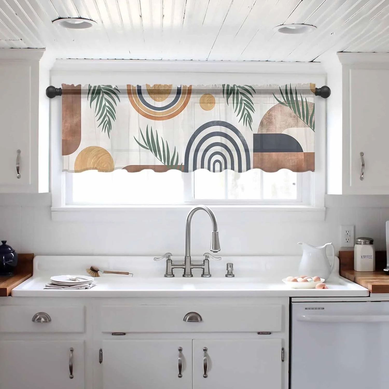 Abstract Boho Sheer Valance Curtains 12 Inch Length for Kitchen/Living Room/Bathroom/Bedroom Window,Bohemian Palm Leaf Geometric Leaf Circle Rod Pocket Small Half Short Window Sheer Curtains,42