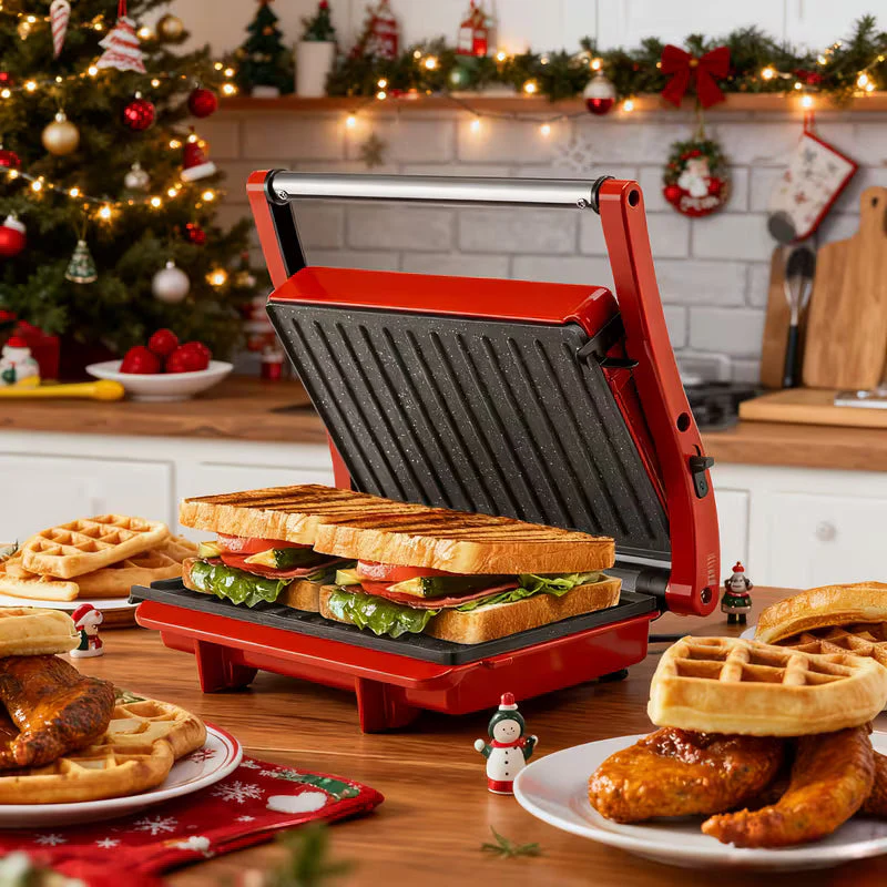 in-1 Electric Indoor Grill & Panini Press with Non-Stick Plates, 180�� Opening Angle, Floating Hinge & Grease Tray - 304 Stainless Steel Sandwich Maker with Preheat Indicator Light, Compact Design for Burgers, Steaks, Chicken - All-in-One Appliance
