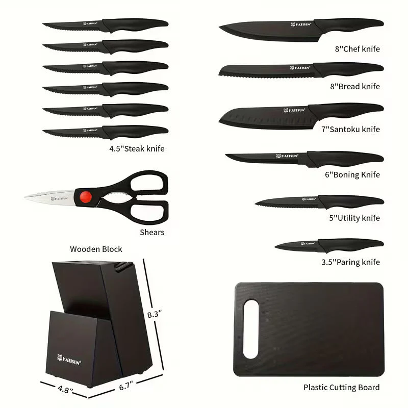 15pcs Professional Black-Coded Kitchen Knife Set With Black Wooden Block, Non-Slip ABS Handle Chef'S Knife, Plastic Cutting Board, And Kitchen Shears. Ideal For Home And Restaurant Use. The Perfect Gift For Thanksgiving, Christmas, And New Year.