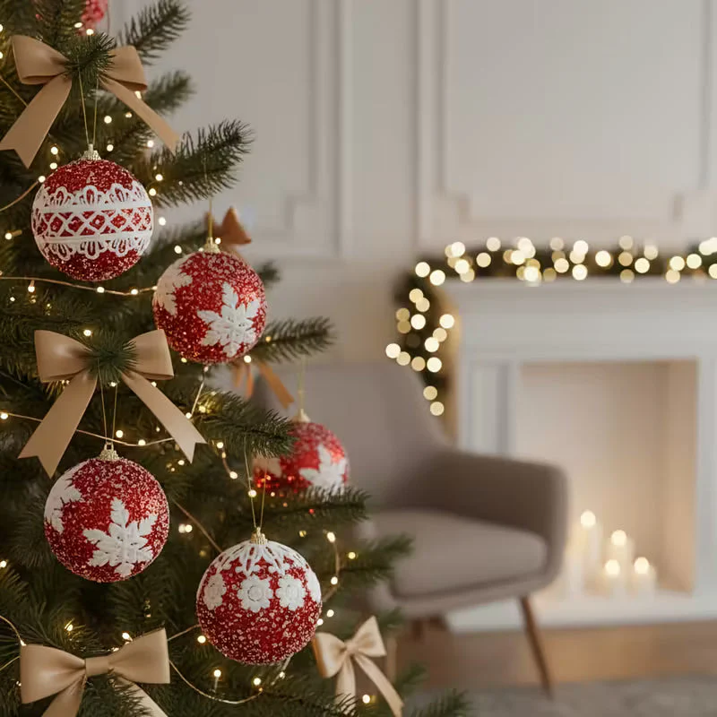 9pcs Luxury Red Snowflake Christmas Ornaments - Elegant Hanging Balls with Sparkling Accents, Durable Plastic Holiday Decor for Christmas, New Year, Birthdays - Perfect Gift for Home & Party Decoration, Christmas Decorations, Festive Ornamentation