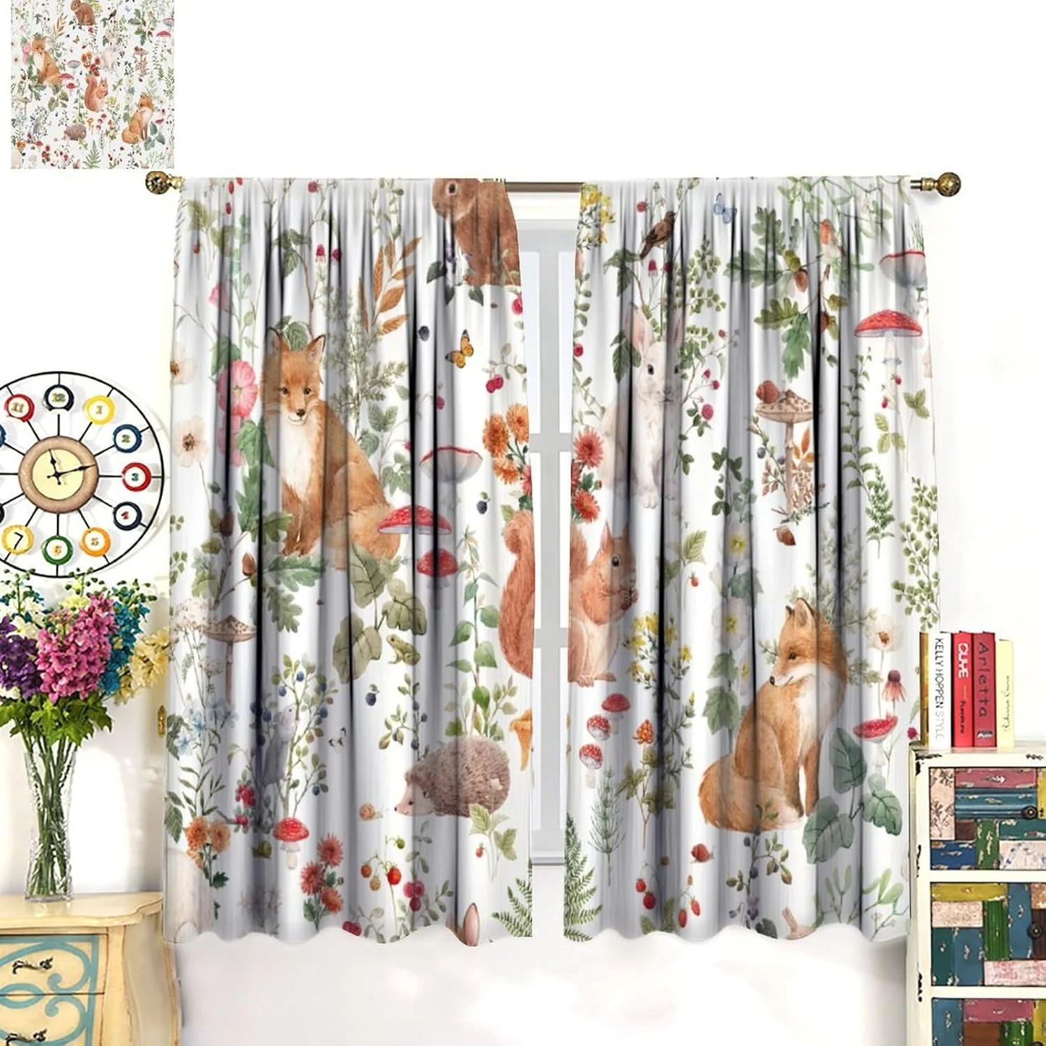 Animals Curtains Watercolor Cute Fox Squirrel Rabbit Hedgehog Butterfly Bird Woodland Green Plants Mushrooms for Kids Girls Boys Bedroom Rod Pocket Decoration Window Drapes 2 Panels W21xL45in