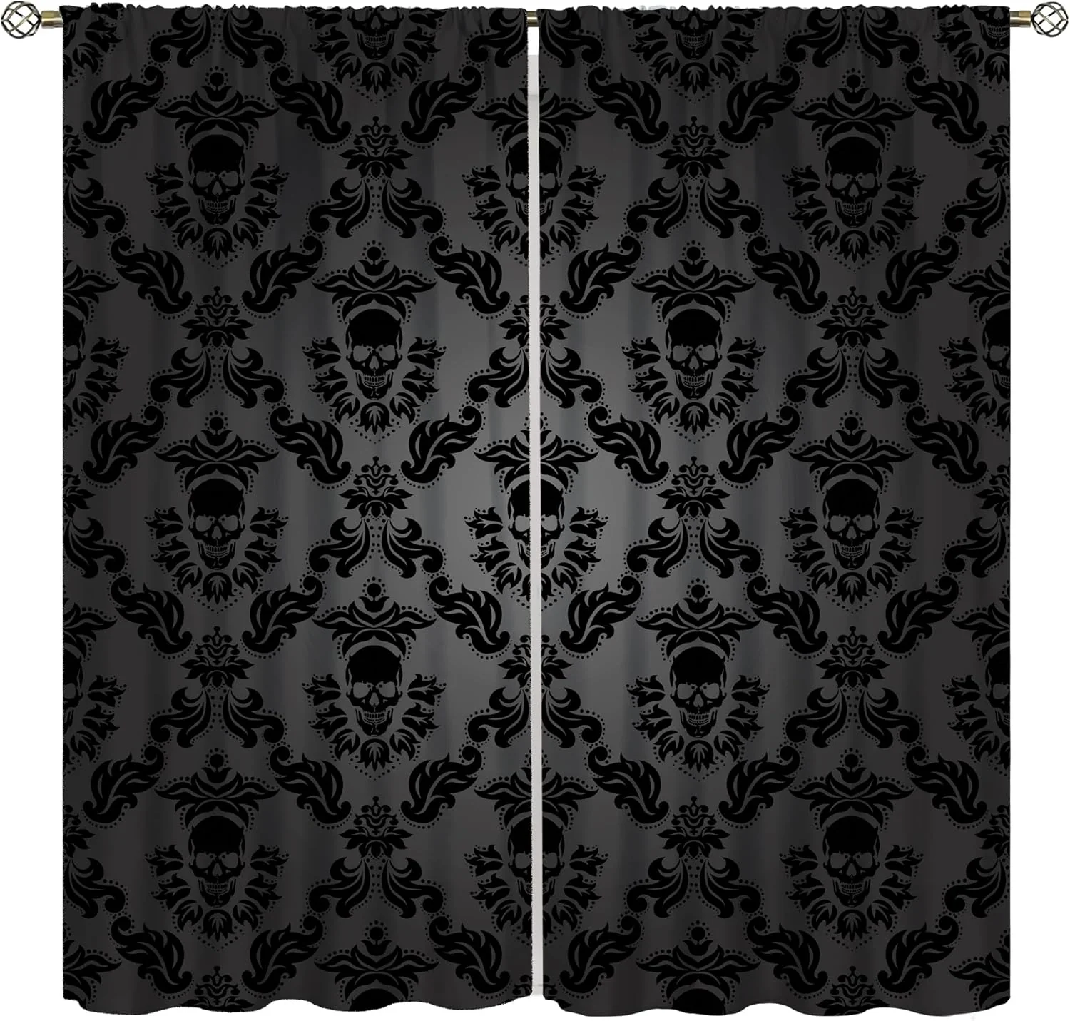 Black Gothic Curtains for Kitchen,Damask Floral Vintage Antique Baroque Classical Medallion Pattern Retro Goth Print for Bedroom Living Room 42x45in��No Blackout��