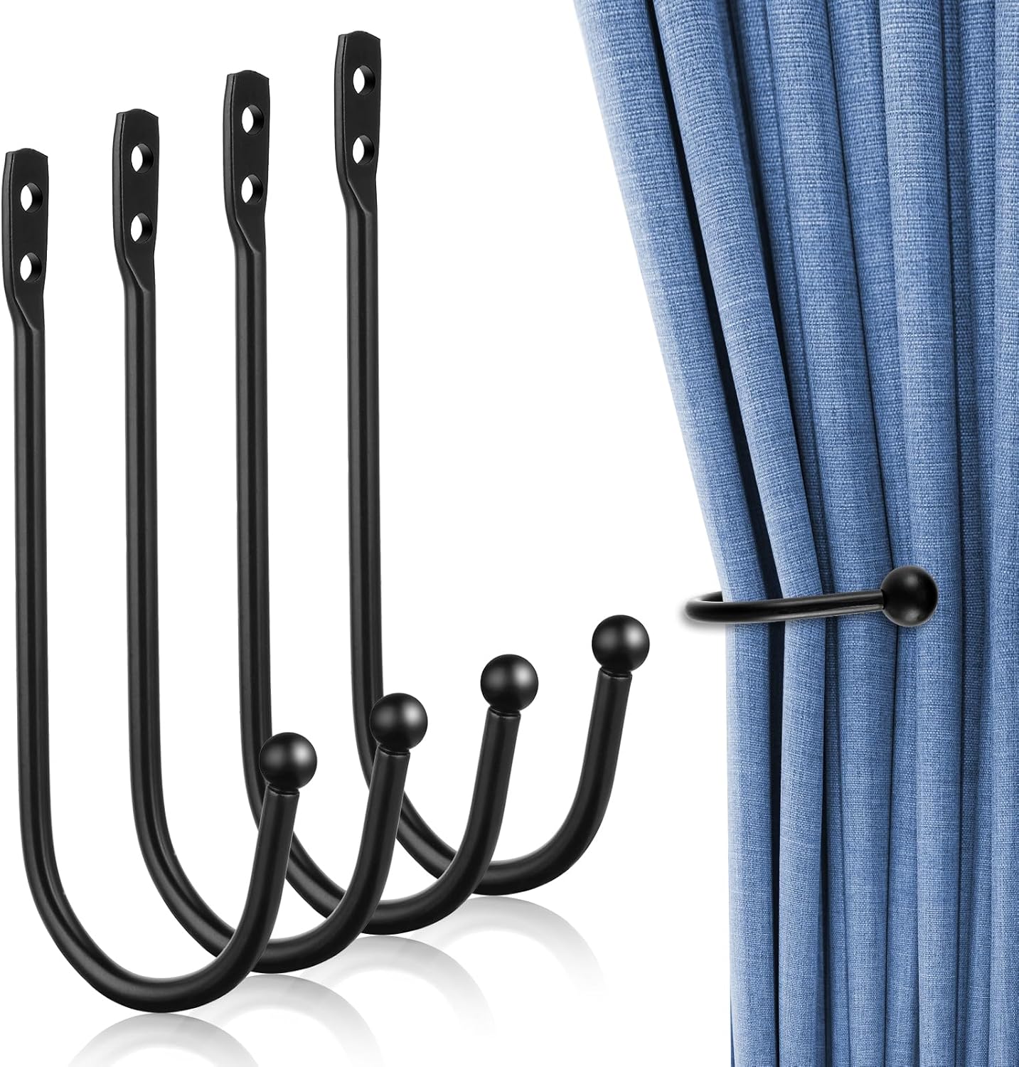 4Pack Curtain Wall Hooks, Curtain Holdbacks,Curtains Tie Backs for Curtains, Decorative Drapery Holdbacks for Wall Ties with Screws Black Metal U Shaped Pull Backs