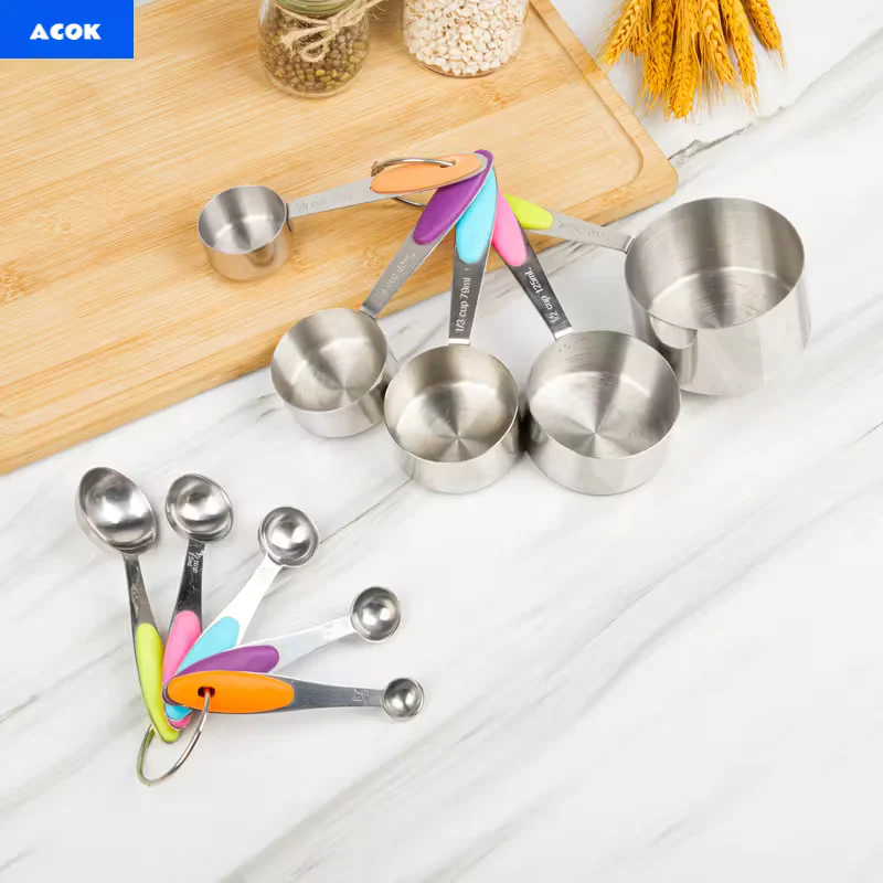 5pcs Measuring Spoon Set/10pcs Measuring Spoon Measuring Cup Set, Stainless Steel, with Silicone Handle, Precise Measuring Tool for Cooking | Essential for Christmas Baking, Kitchen Measuring Set, Cooking Tools, Sleek Kitchenware, Functional Design