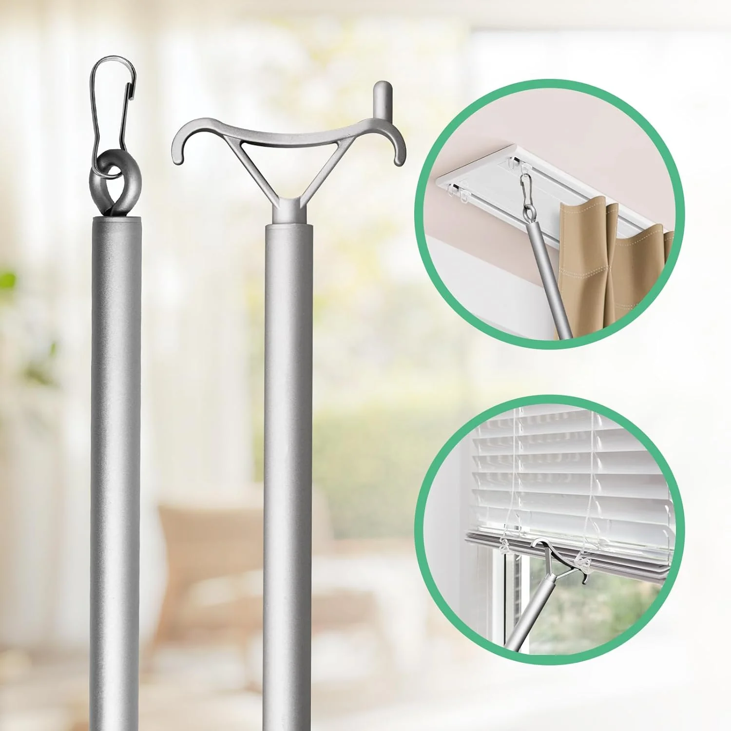 Aluminum Curtain Pull Rod Wand with stainless steel clamp hook and lobster hook, Universal Drapery Wands for Grommet Curtains and Acrylic Drapery Curtain Pull Wand-36 Inches Silver