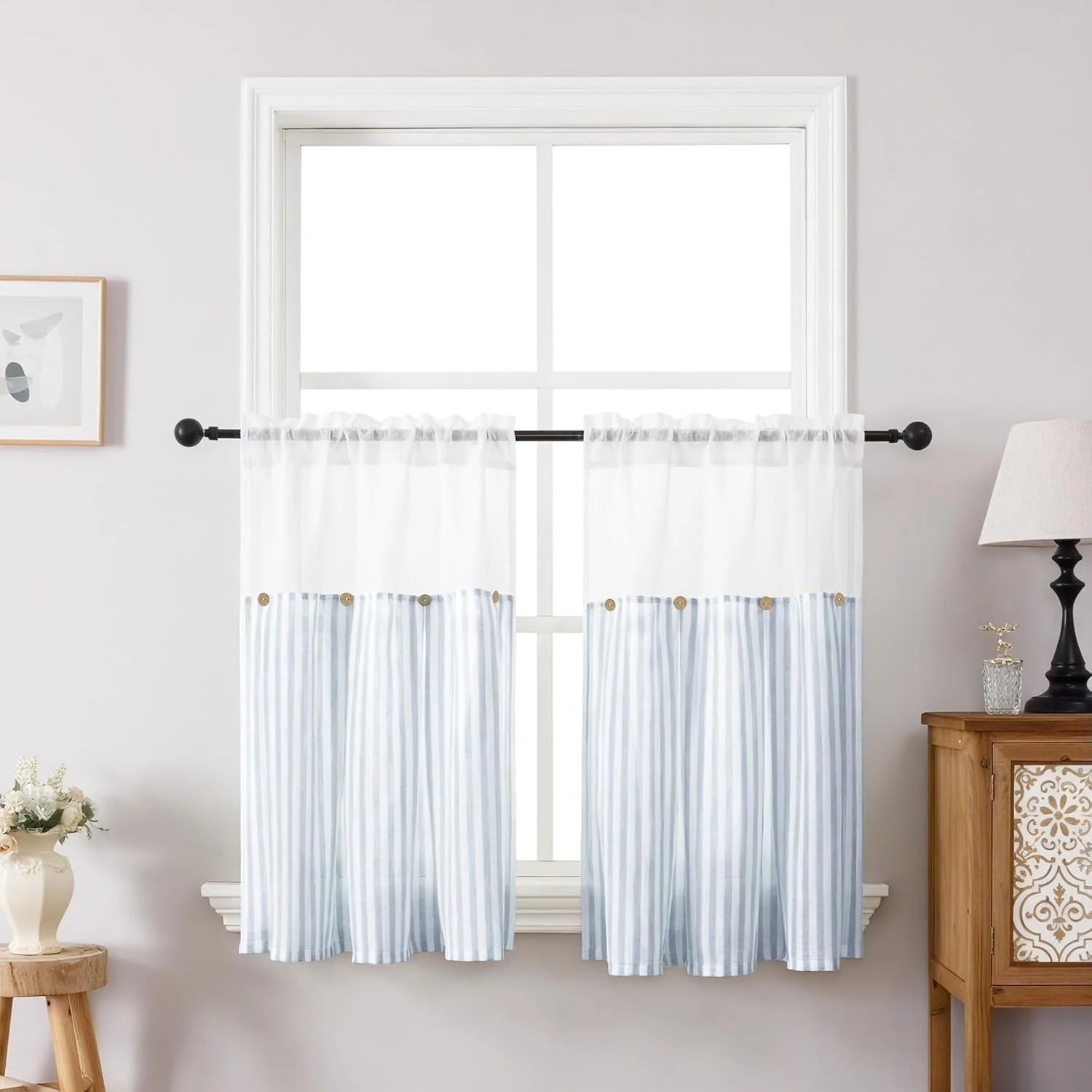 26 x 24 Inch 2PCS Blue Cotton Linen Kitchen Valance Curtains, Boho Rustic Button Valances for Windows Farmhouse Style, Stripe Valance Window Treatments Tiers, Window Valances for Bathroom Cafe