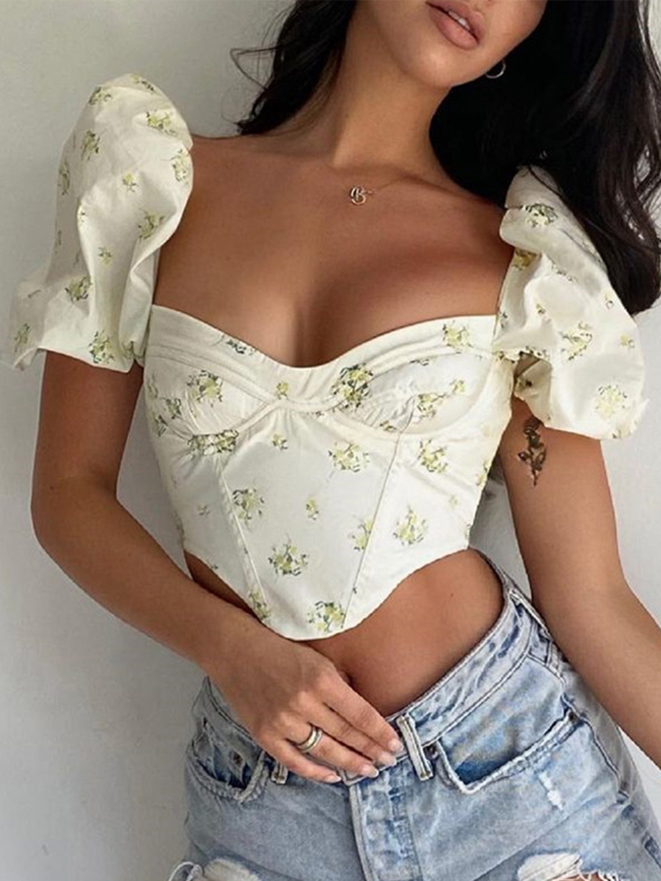 The Supermade Floral Fishbone Puff Sleeves Cropped Bodice Top