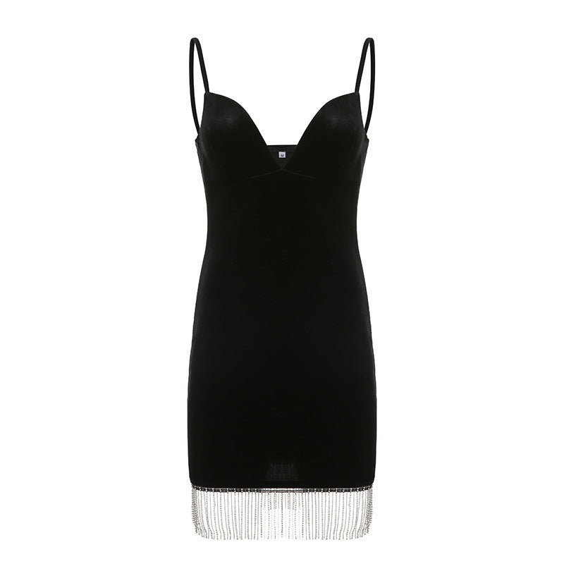 The Supermade Sexy Fringed Velvet Deep V-neck Strap Mini Dress