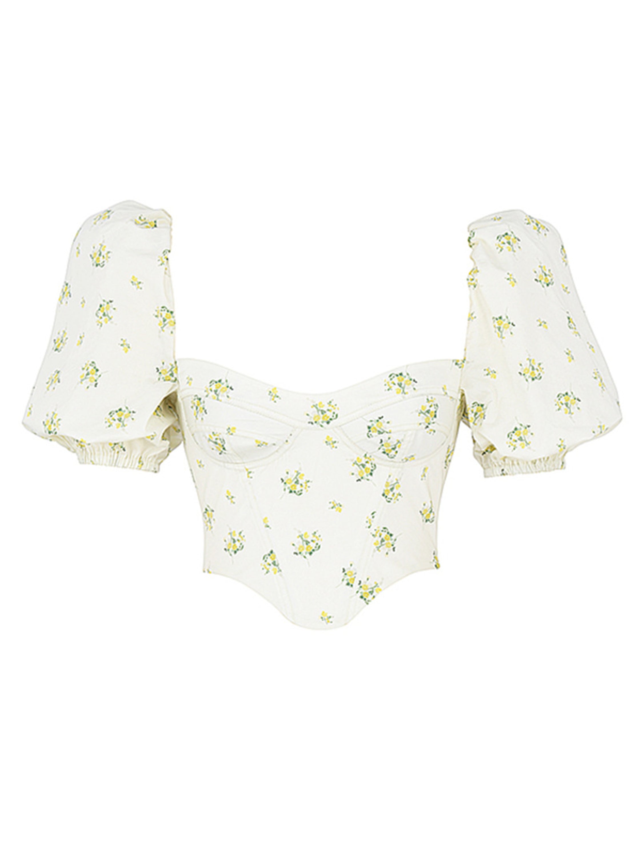 The Supermade Floral Fishbone Puff Sleeves Cropped Bodice Top