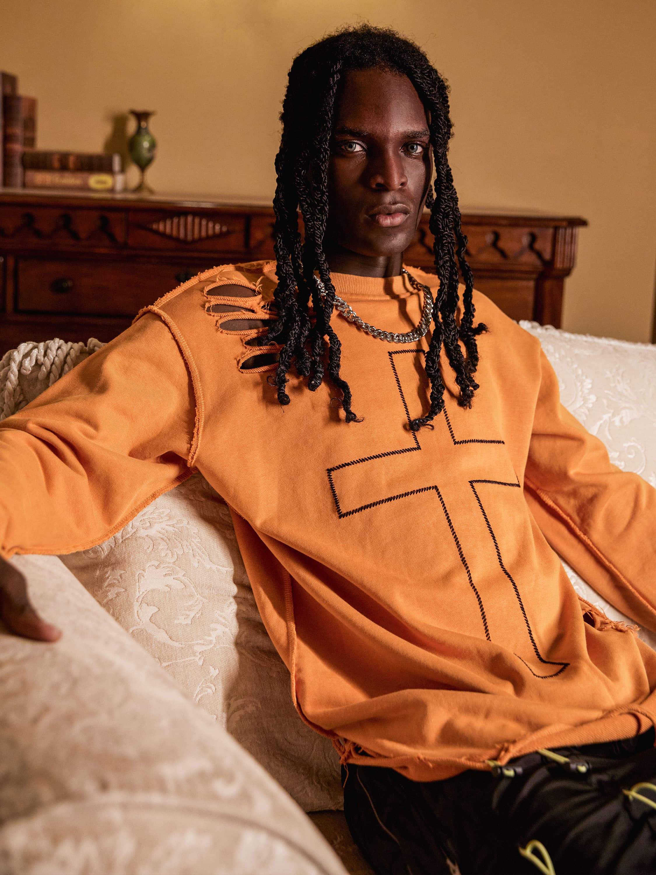 The Supermade Cross-Embroidered Ripped Sweatshirt -1111