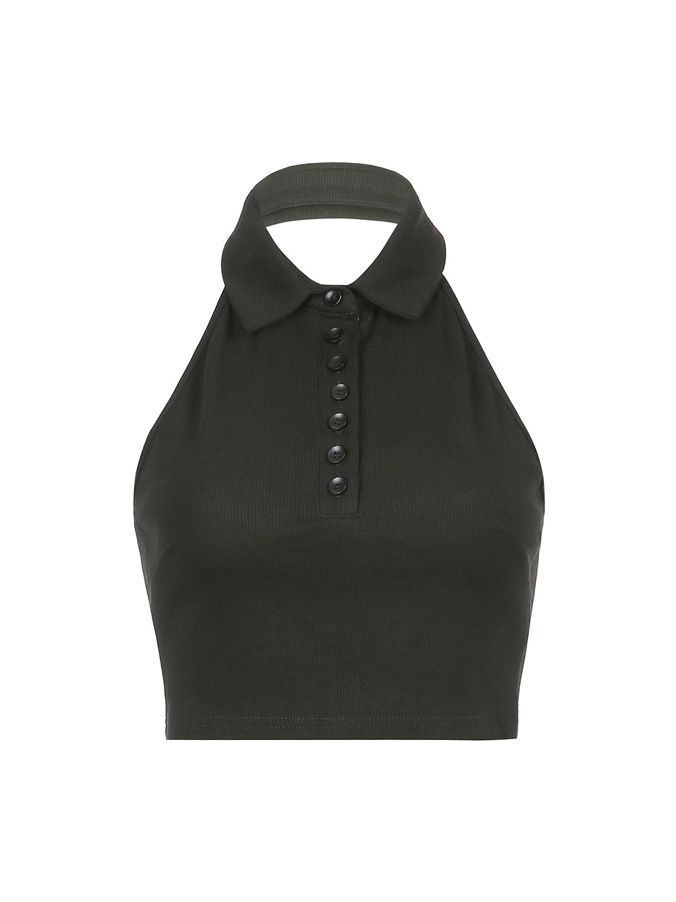 复制The Supermade Lapel Button Solid Halter Tank Top