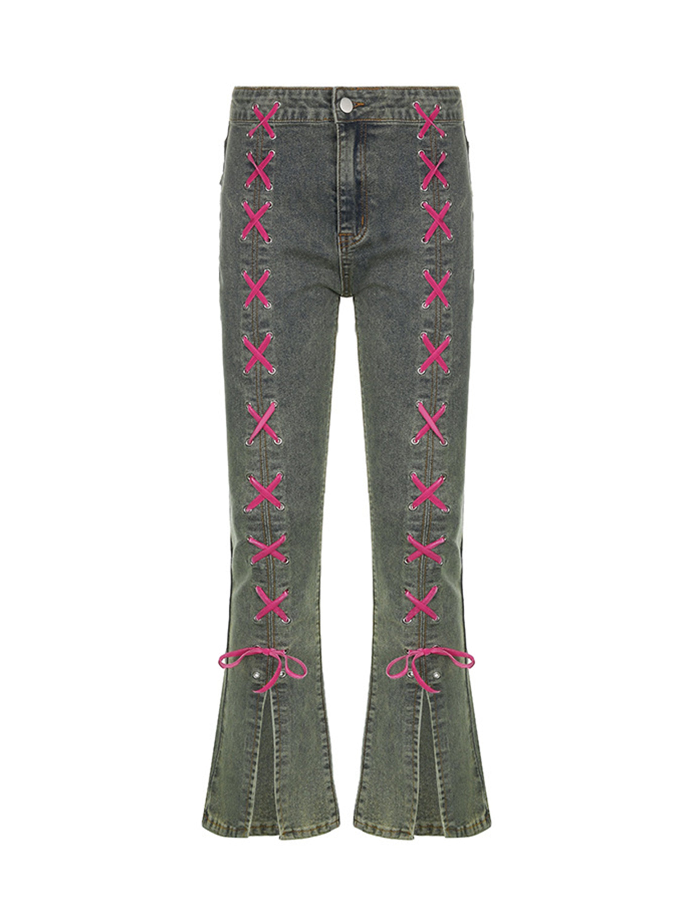 The Supermade Irregular Contrast Lace-Up Slit Jeans