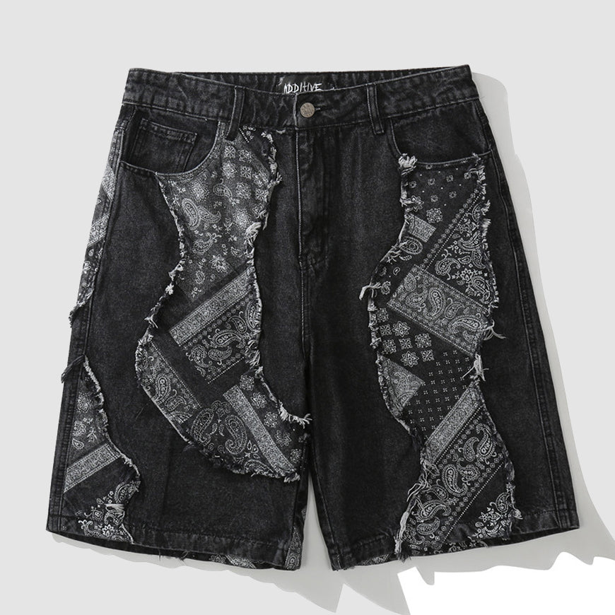 The Supermade Paneled Cashew Paisley Denim Shorts