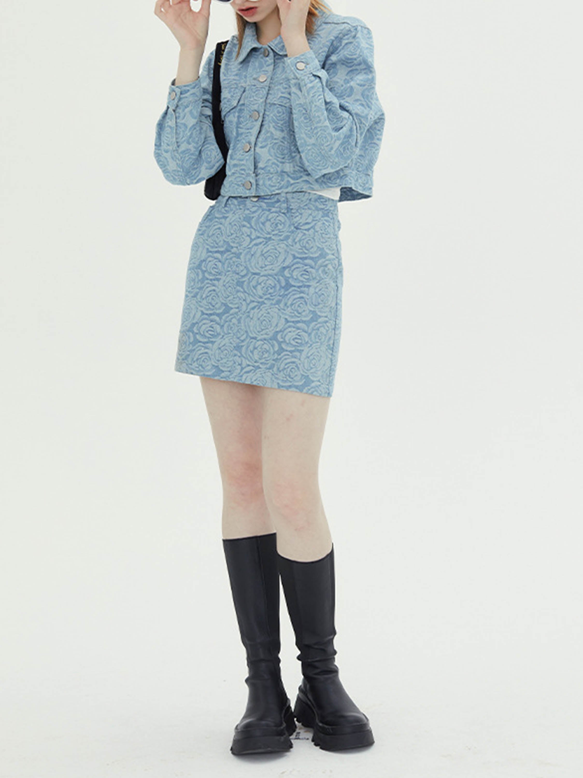 The Supermade Rose Jacquard Denim Jacket Skirt Suit