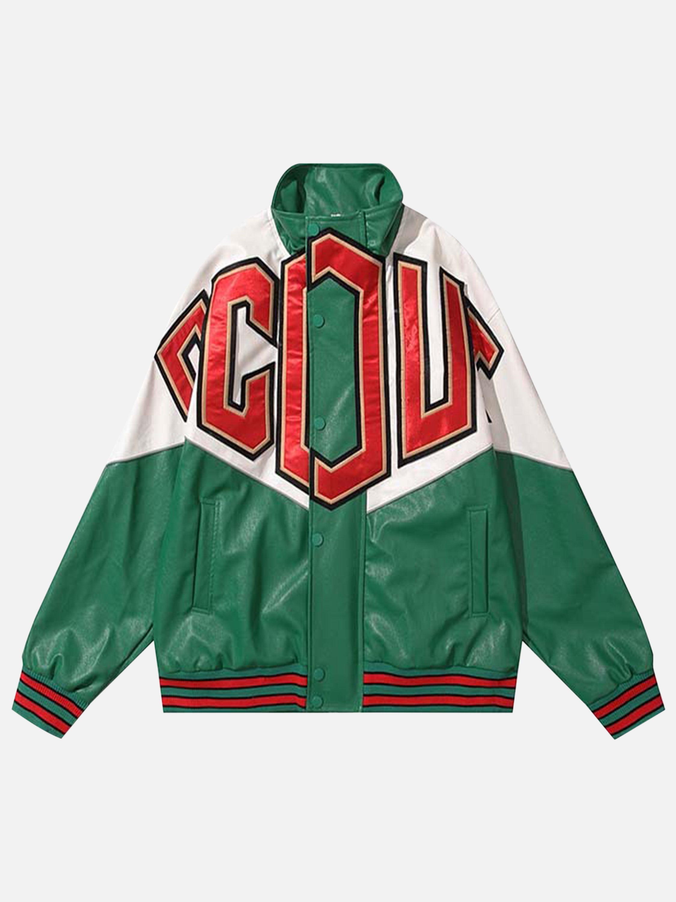 The Supermade Colorblock PU Leather Stand Collar Leather Jacket -1204