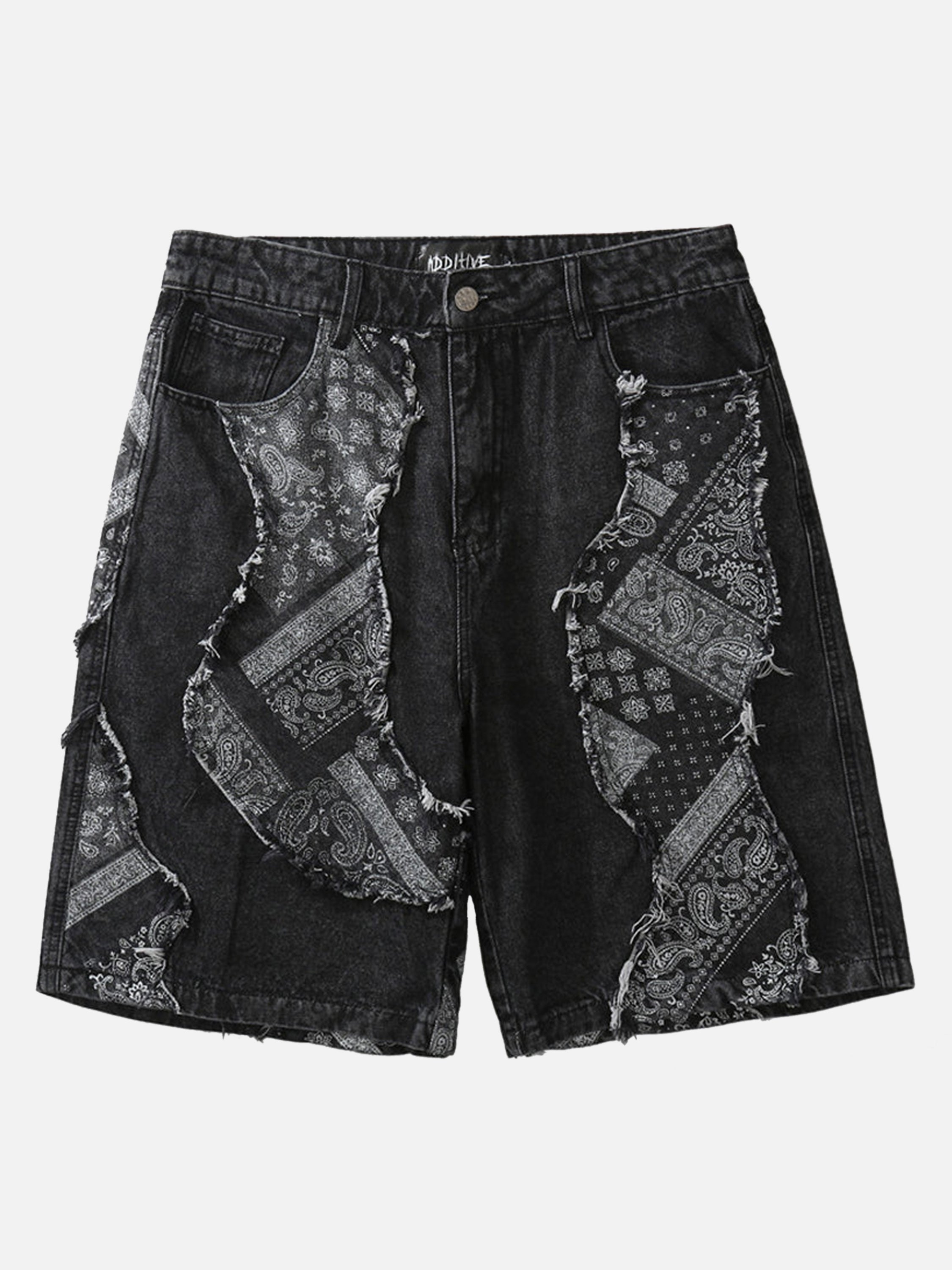 The Supermade Paneled Cashew Paisley Denim Shorts