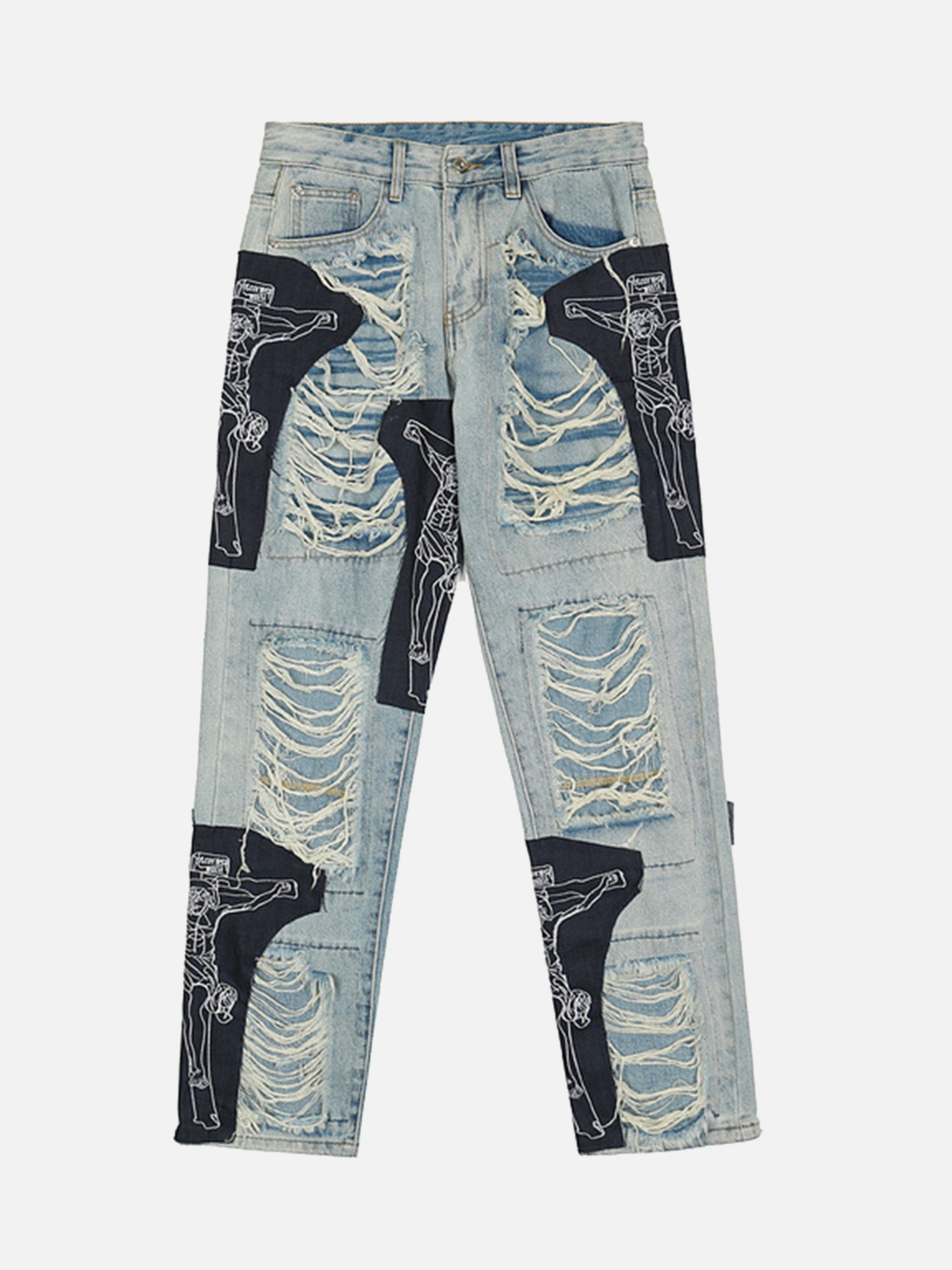 The Supermade Ripped Jesus Patchwork Jeans