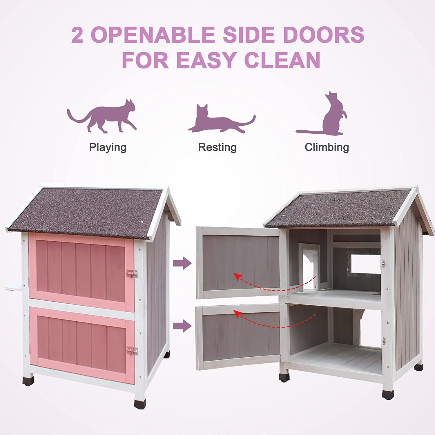 Giant Wood Outdoor Cat House, Wooden Feral Cat Shelter Weatherproof