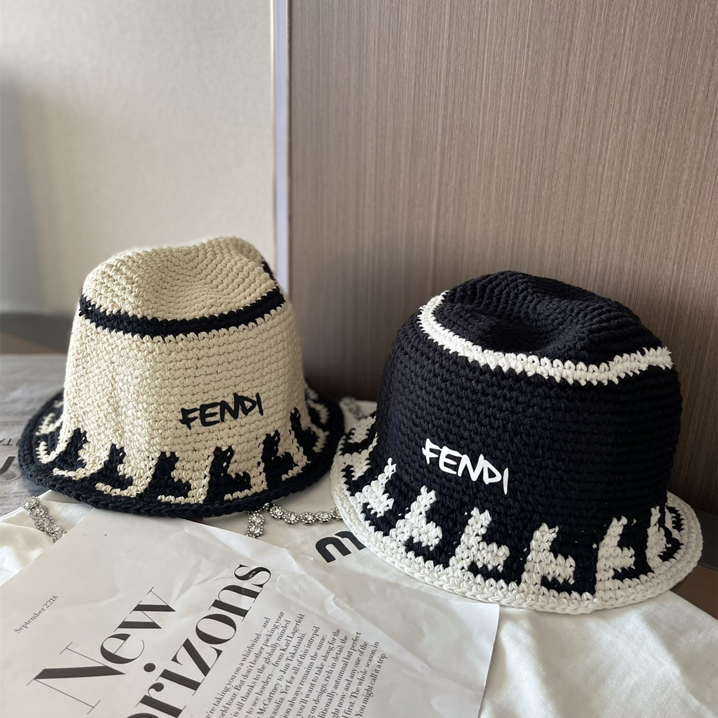Knitted hat black and white two colors cap