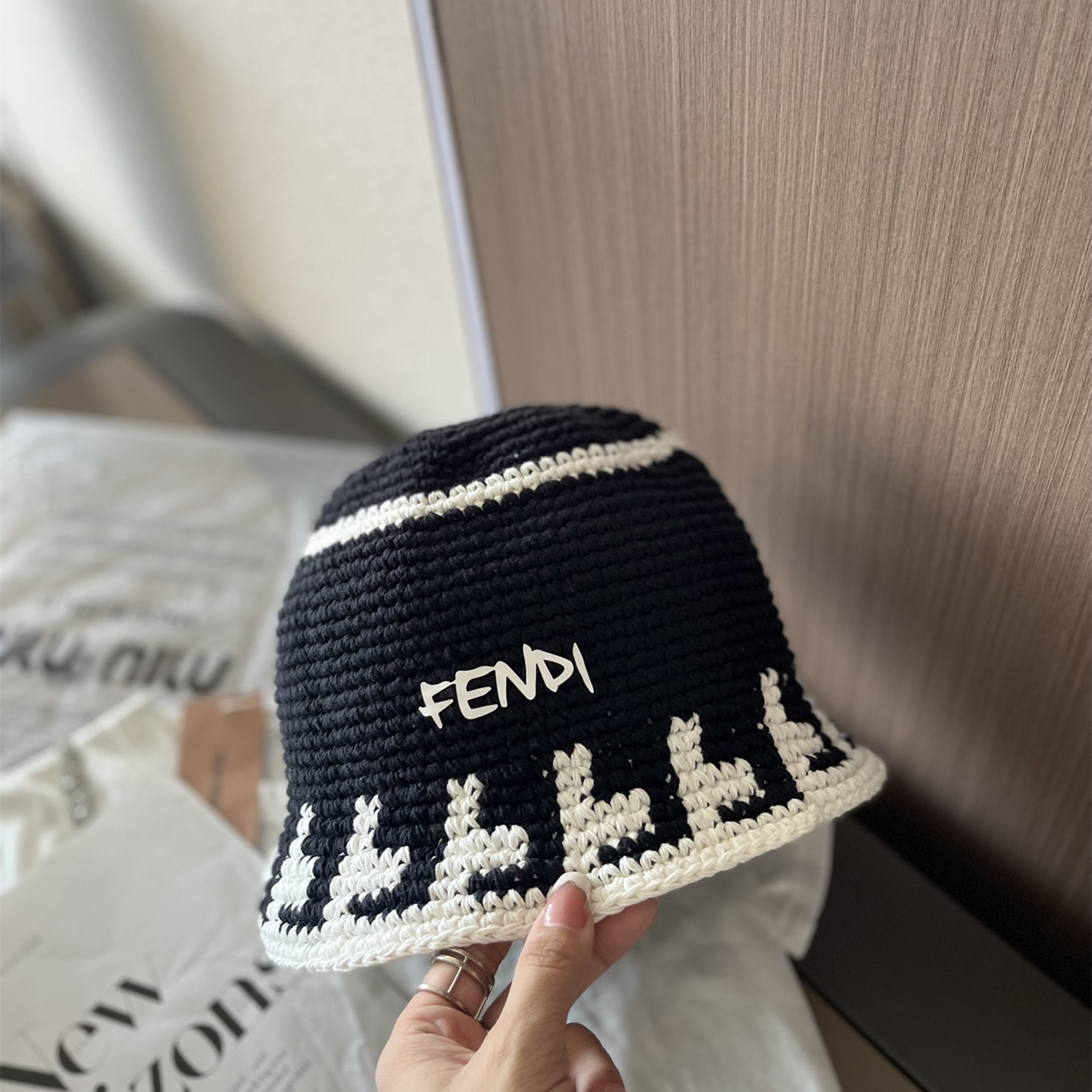 Knitted hat black and white two colors cap