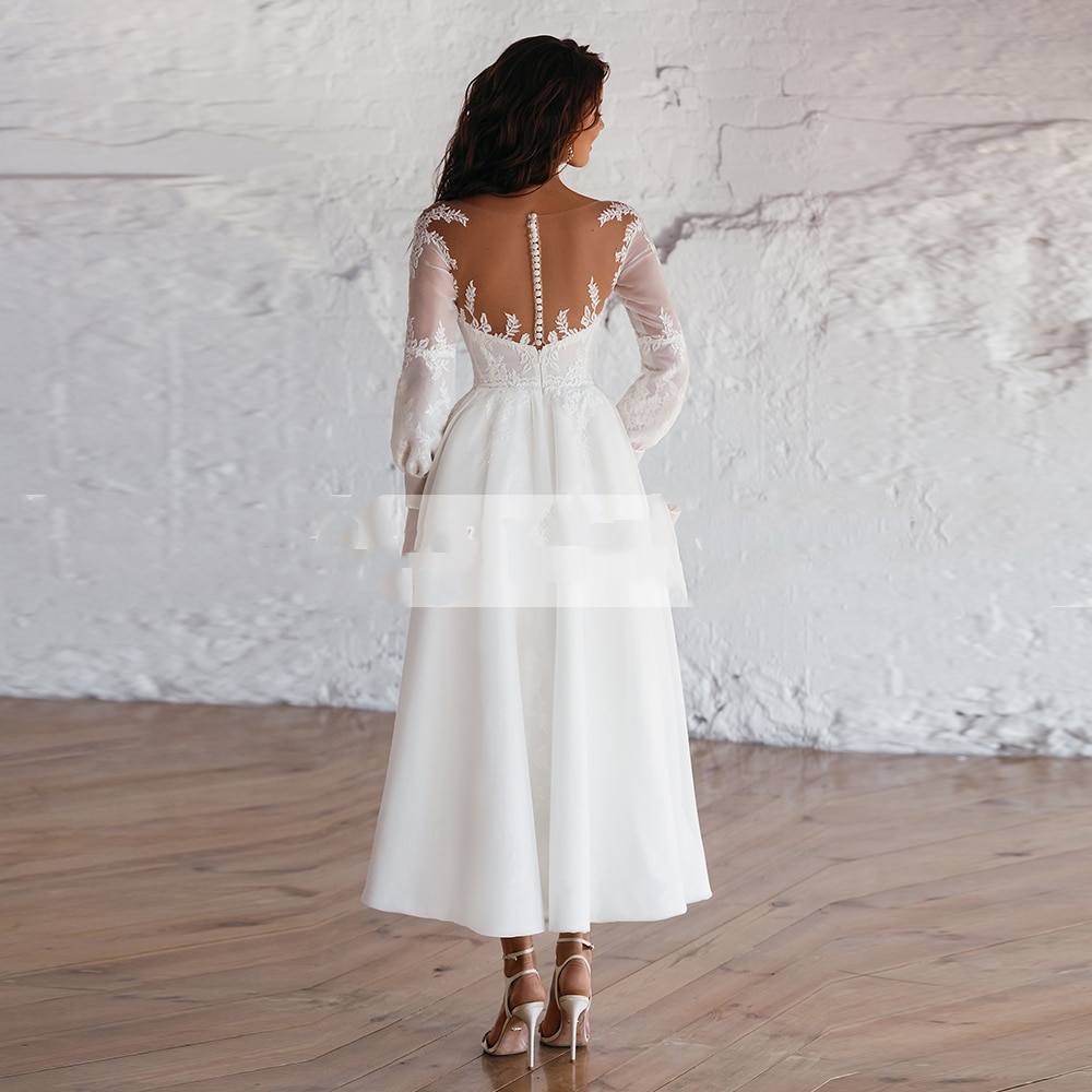Vintage Beach Short  Wedding Dress For Woman With Long Sleeves Bridal Gown Ankle Length 2022 Custom Made Civil Robe De Mariee