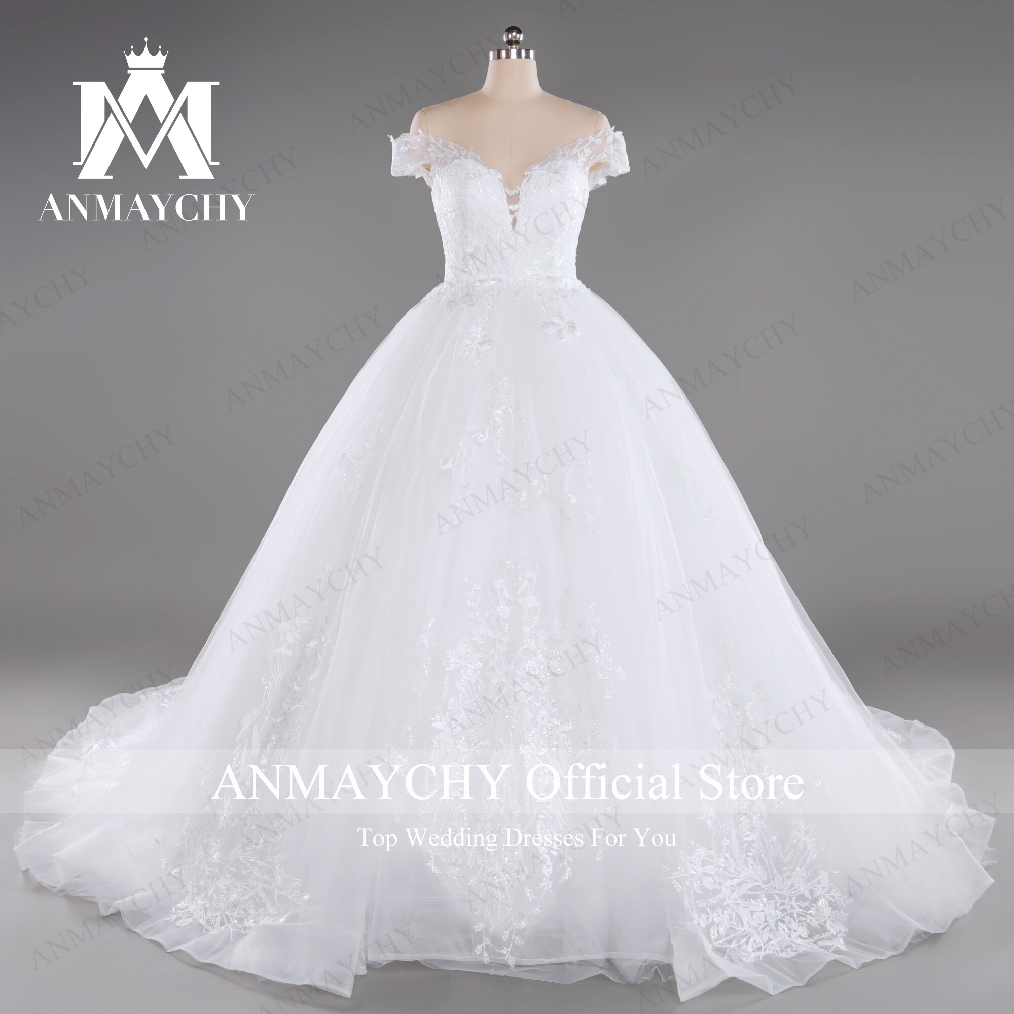ANMAYCHY A-Line Wedding Dress For Women 2022 Bride Sweetheart Off The Shoulder Backless Appliques Wedding Gown Vestidos De Novia
