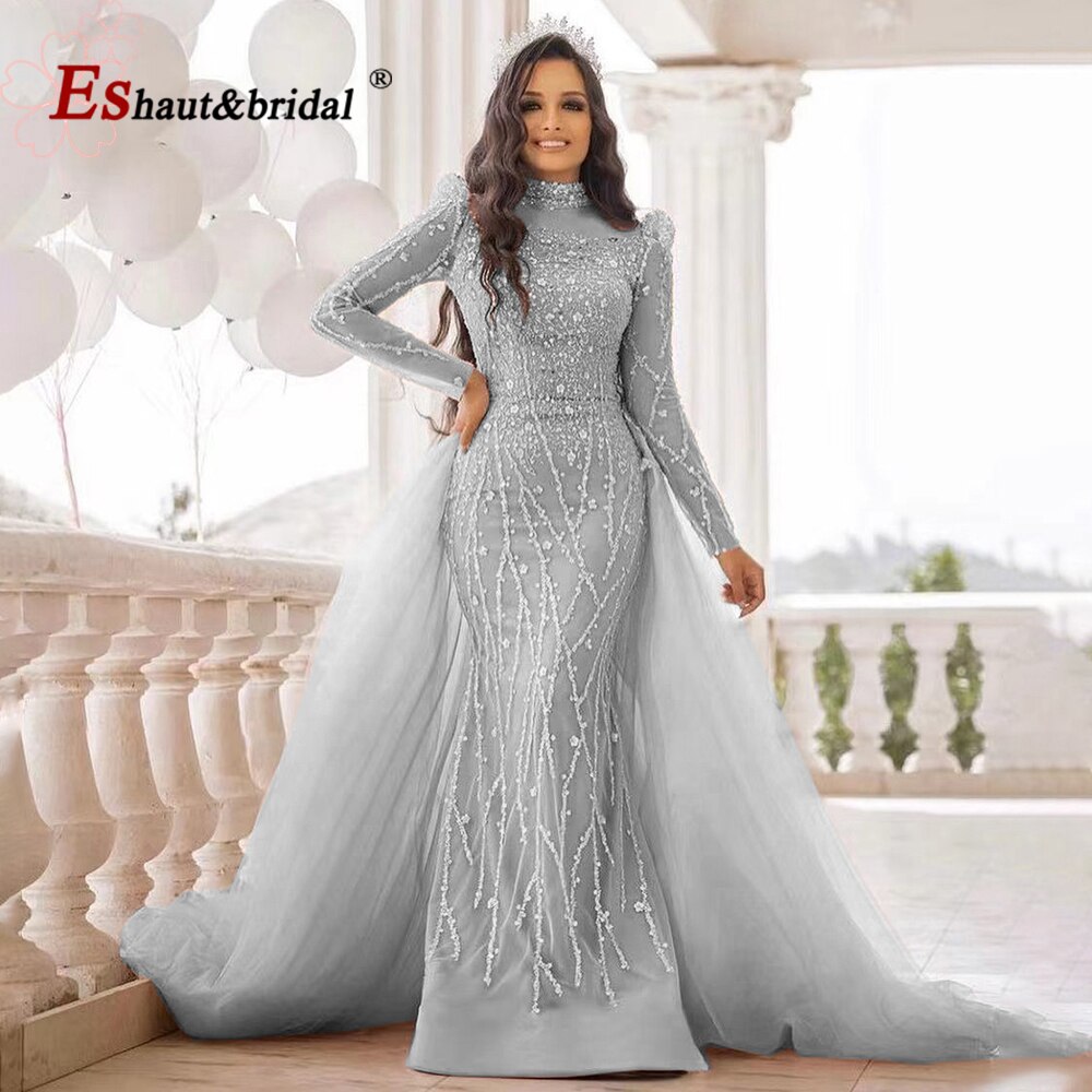 Elegant Pink Muslim Mermaid Evening Dress for Women 2022 Long Sleeves High Neck Beads Sequin Formal Prom Wedding Party Gowns