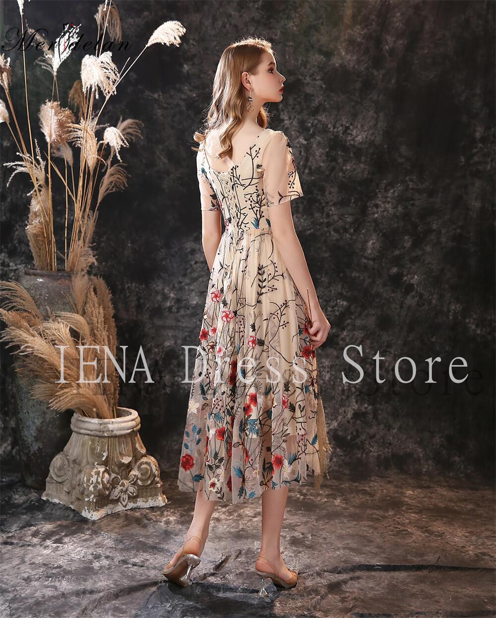 14280#Floral Prom Dresses Embroidery Romantic Colorful Flower Pattern Sheer Sleeves Evening Party Banquet Wedding Birthday Gowns
