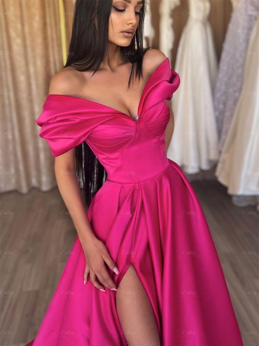 Cathy Elegant Red Satin Party Dress Long Prom Evening Dress Pleated High Side Slit Evening Dress Sexy Card Shoulder Sweetheart