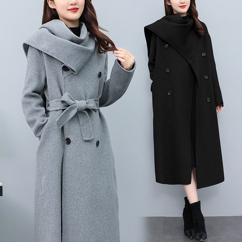Korean High-End Scarf Collar Coat Double Breasted Sashes Woolen Long Temperament Women Autumn Winter Windbreaker Jacket T1078