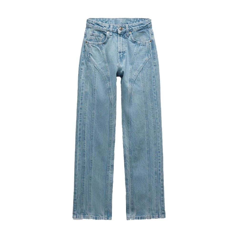 2022 spring new women's fashion retro all-match high waist stitching decoration casual pocket button straight jeans