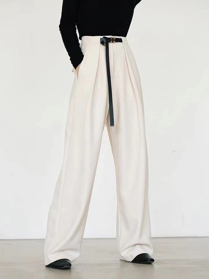 2022 Early Autumn New Minimalist Design Silk Linen Belt High Waist Pleated Loose Wide Leg Trousers Women Pants