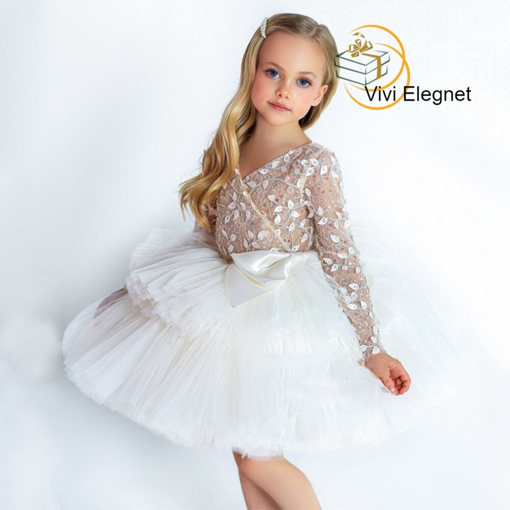 White Tutu Flower Girl Dresses for Princess Beads Full Sleeve Knee Length Child Communion Costumes 2022 Winter فساتين اطفال للعي
