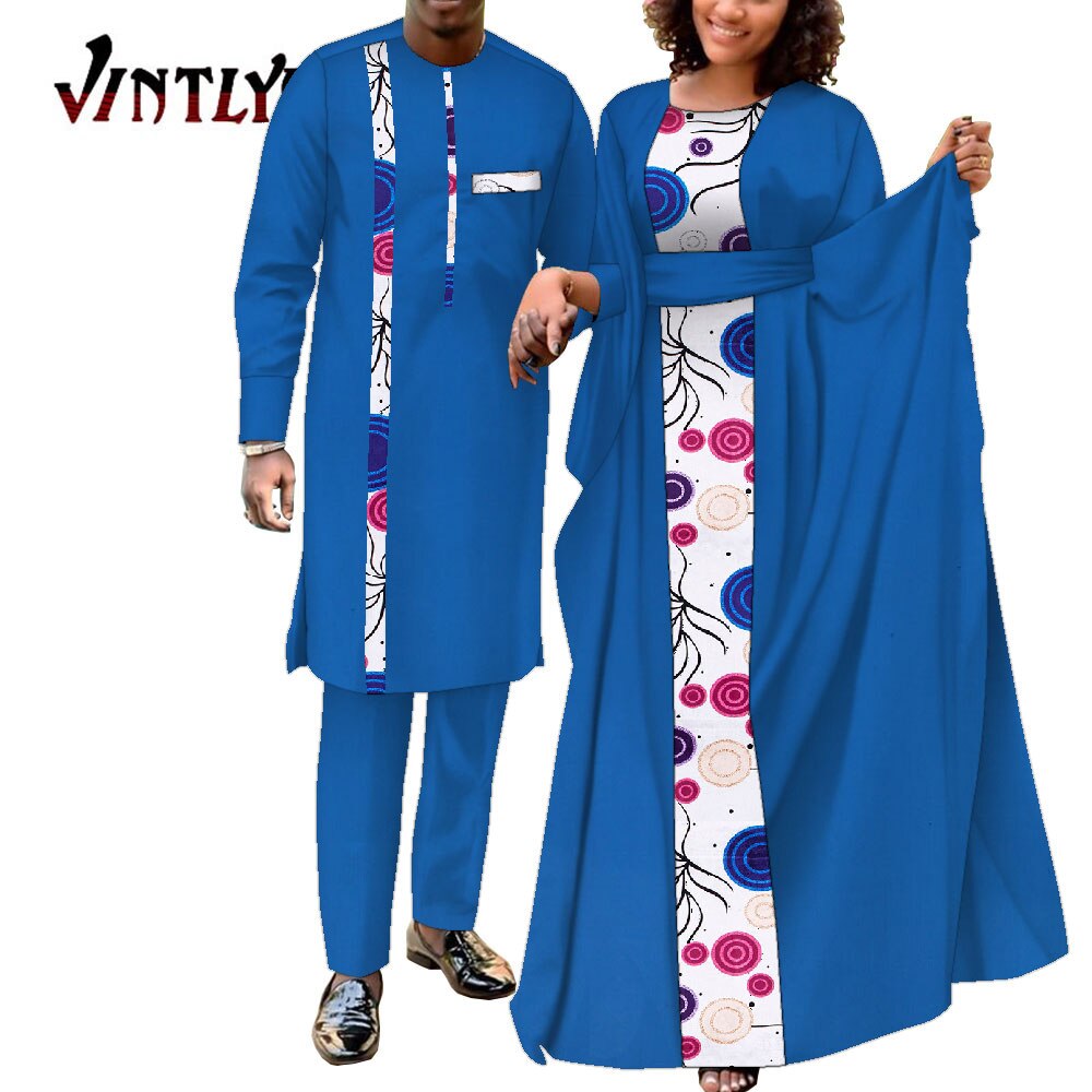 2 Pcs African Dresses for Women and Dashiki Men Suits Floral Print Couple Clothes Lovers Outfit Patchwork Robe Dress Wyq949