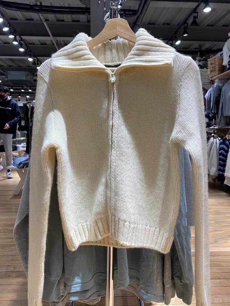 Vintage Solid Knit Cardigan Women Autumn Retro Turn-down Collar Cotton Zipper Long Sleeve Sweaters Casual Harajuku Chic Y2k Tops