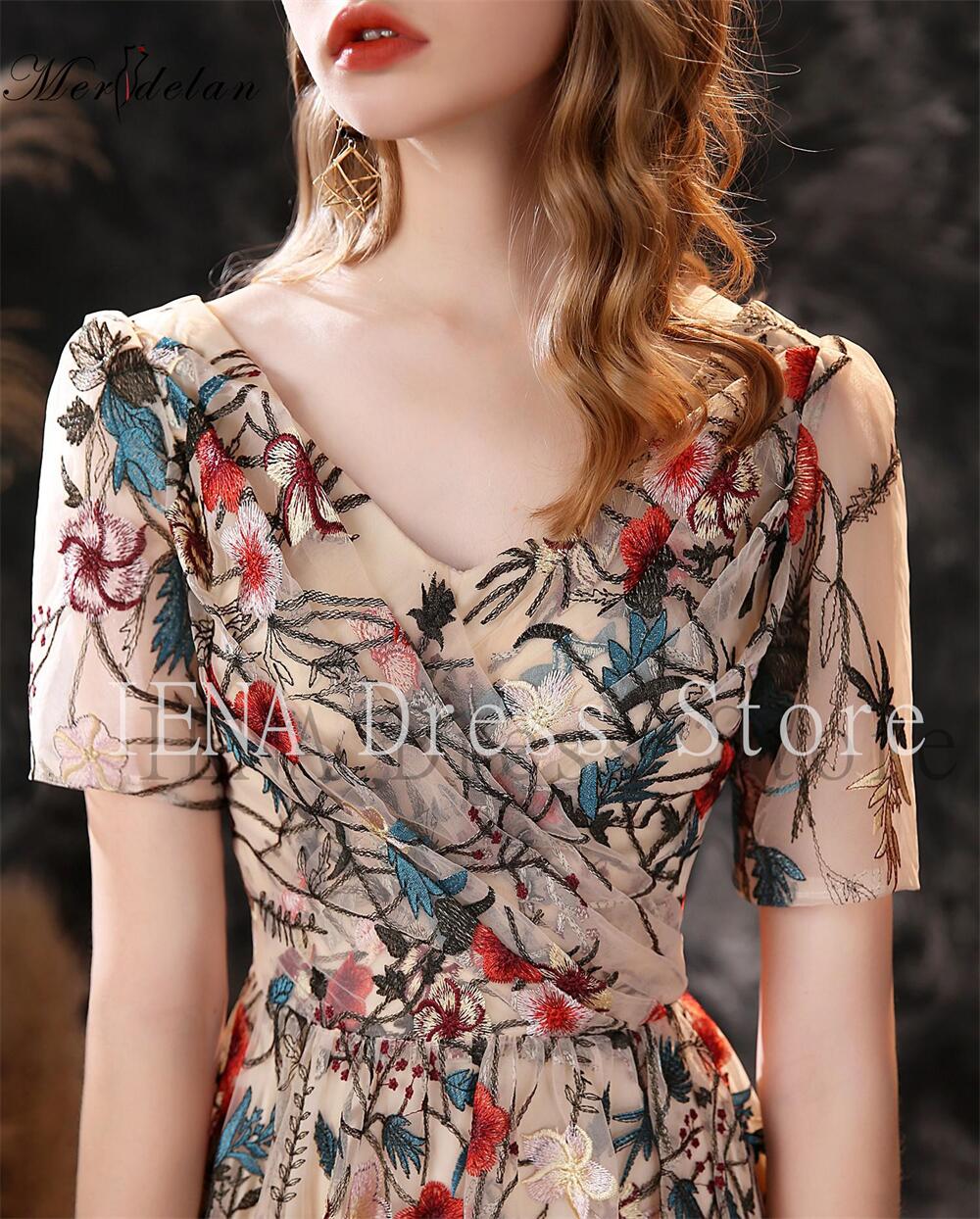 14280#Floral Prom Dresses Embroidery Romantic Colorful Flower Pattern Sheer Sleeves Evening Party Banquet Wedding Birthday Gowns