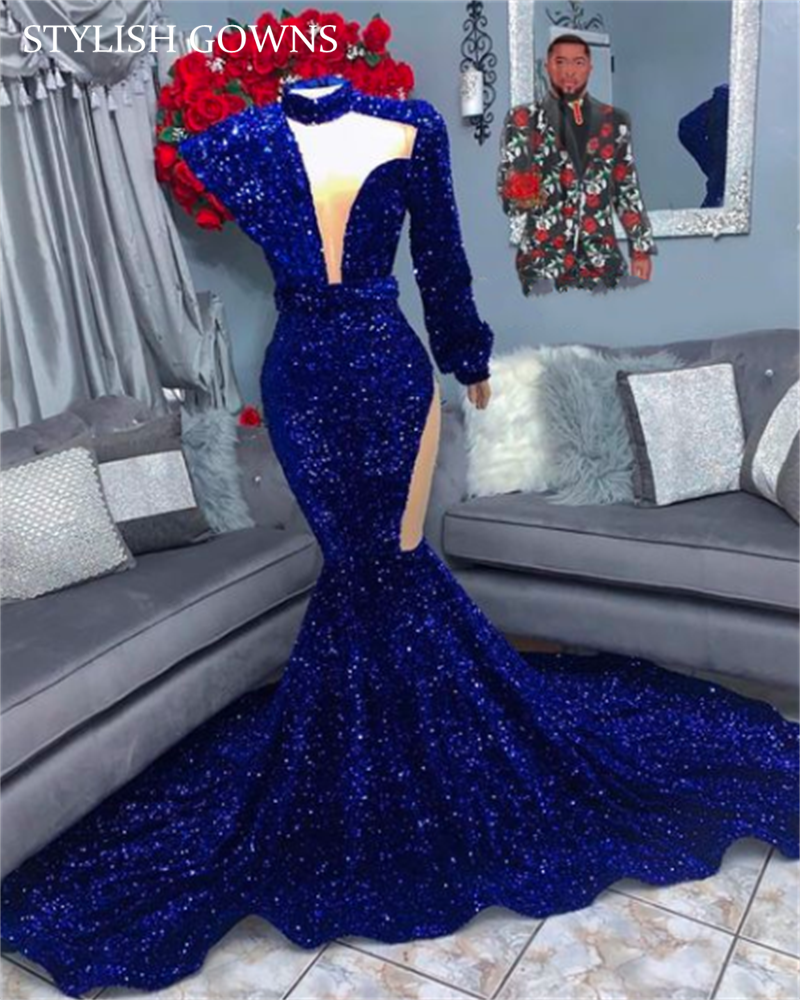 Navy Blue Mermaid Long Prom Dresses Sequined Formal Dress High Neck Birthday Party Gown Cut Out Vestido De Festa Casamento