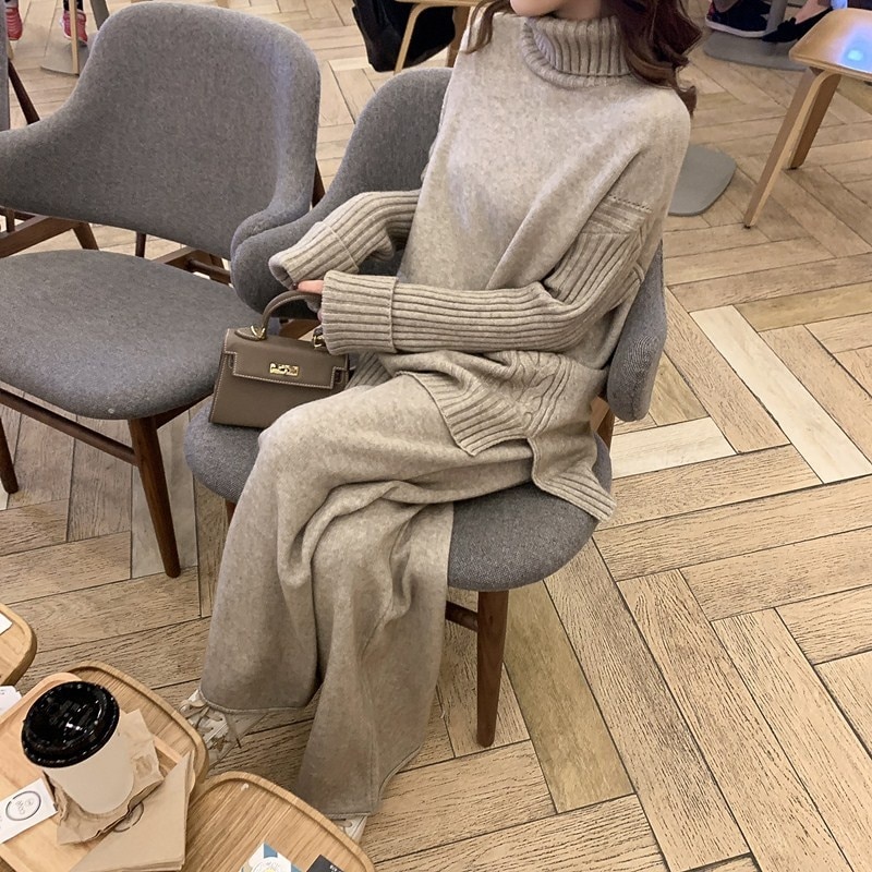 GIGIYW Winter Fashion High Neck Split Thickened Sweater Wide Leg Pants Slouchy Loose Knitted Set Women Autumn Winter 2022 New
