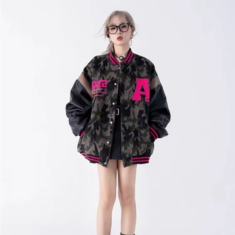 American retro camouflage baseball jacket women's 2022 new autumn and winter models Y2K tide stitching pu leather autumn jacket