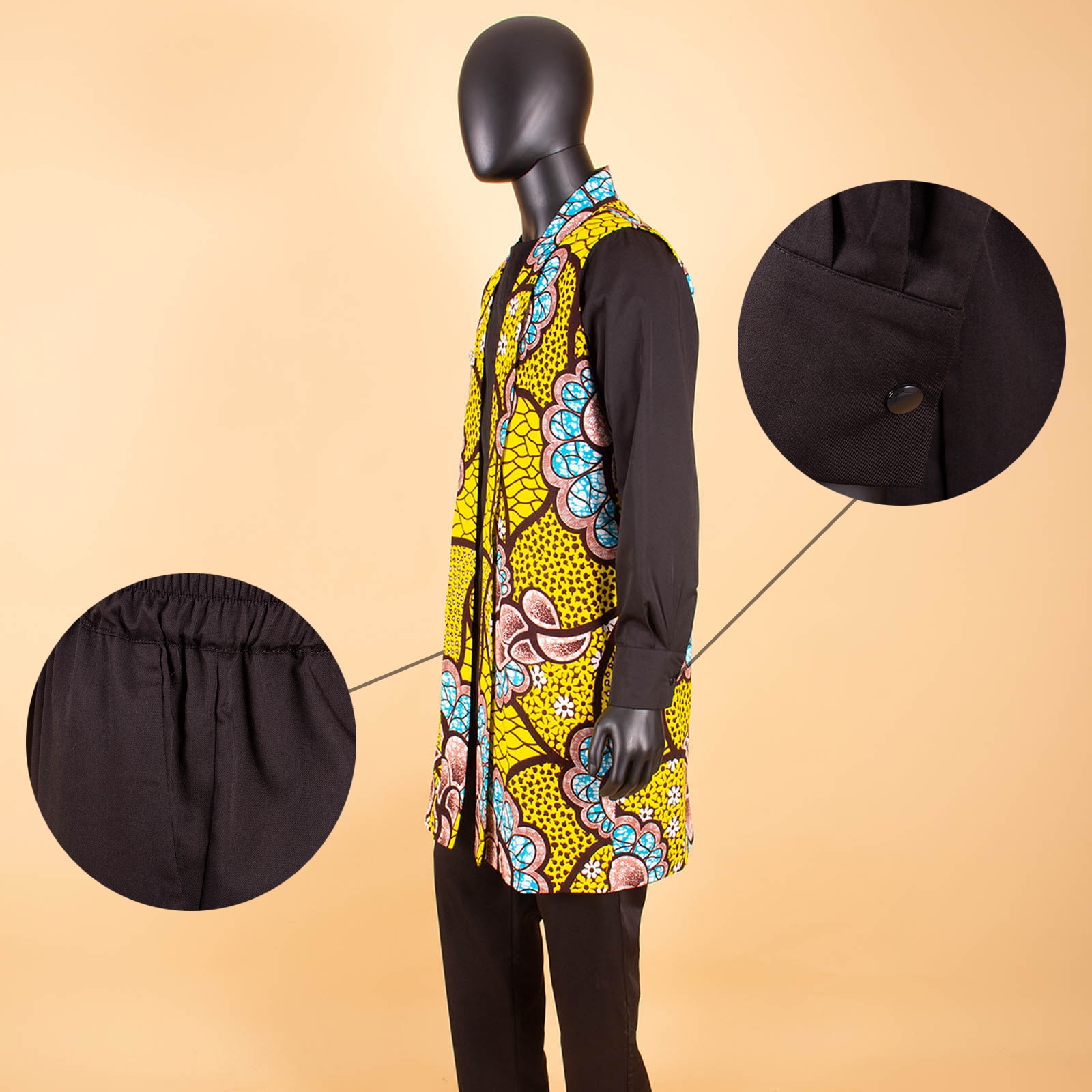 African Couples Outfits  Women Coat Long Jacket Match Men Vest + Top and Pants 3 Pieces Set With Pockets& Breastpin Y22C072