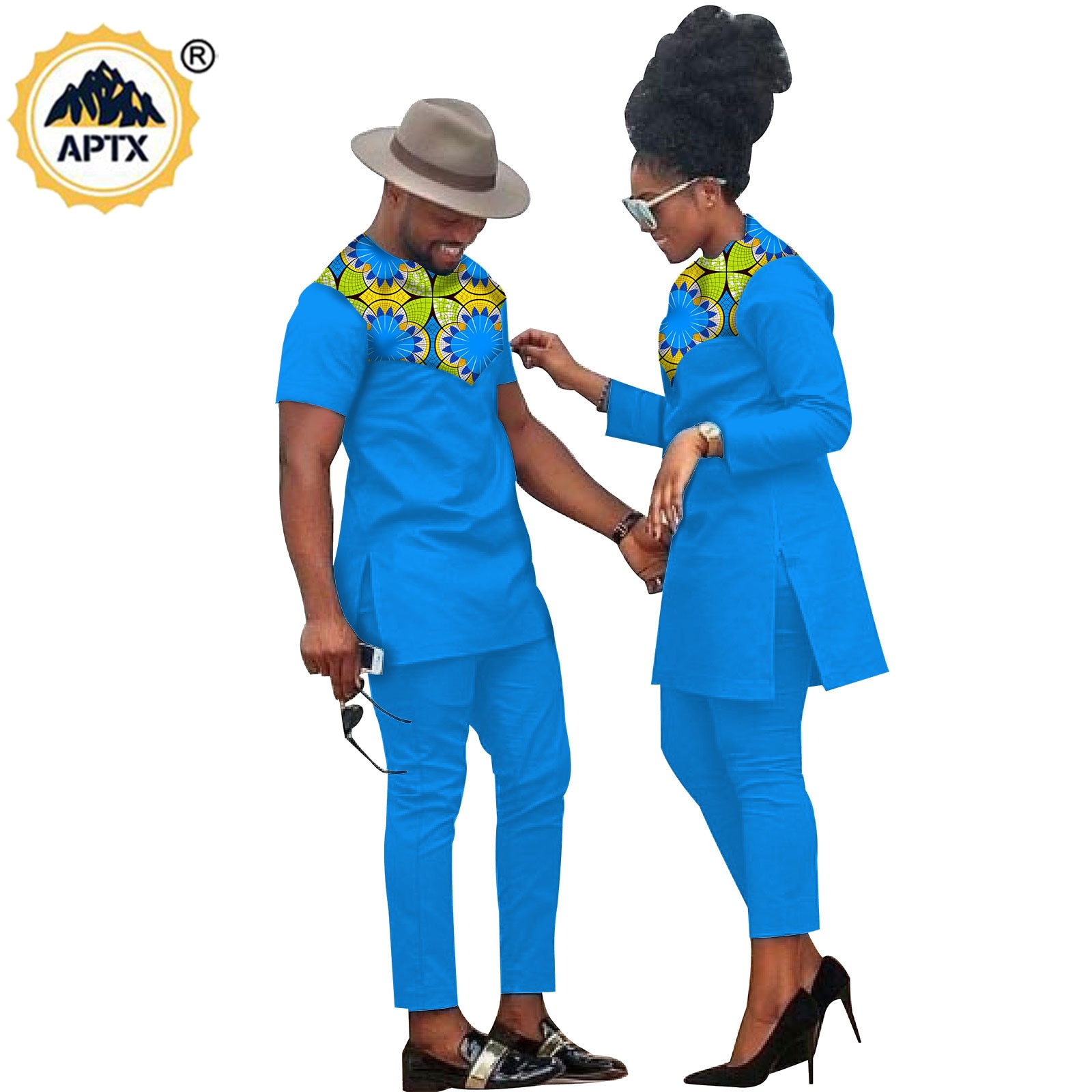 African Clothes for Couples Handmade Bazin Riche African Women Ankara Print Clothes Match Men Outfits Top and Pants Sets S20C001