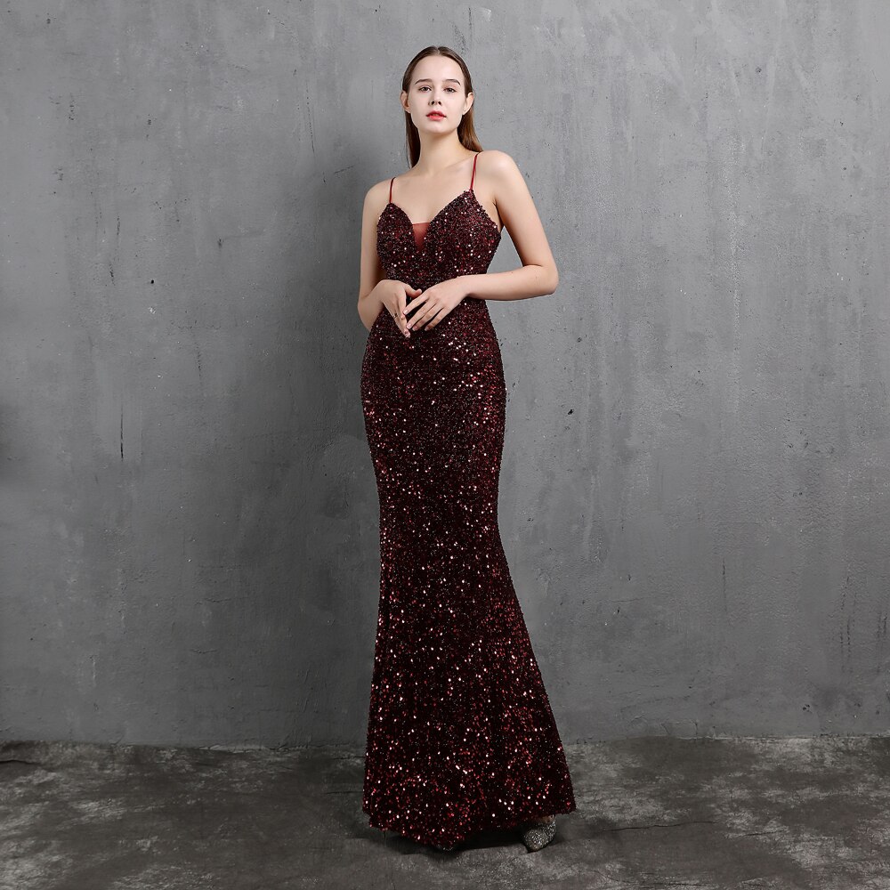 ED18523 Sling V Neck Long Evening Dress Mermaid Party Gowns Sexy Sequined Beading Formal Dress Prom Gown Backless For Wedding