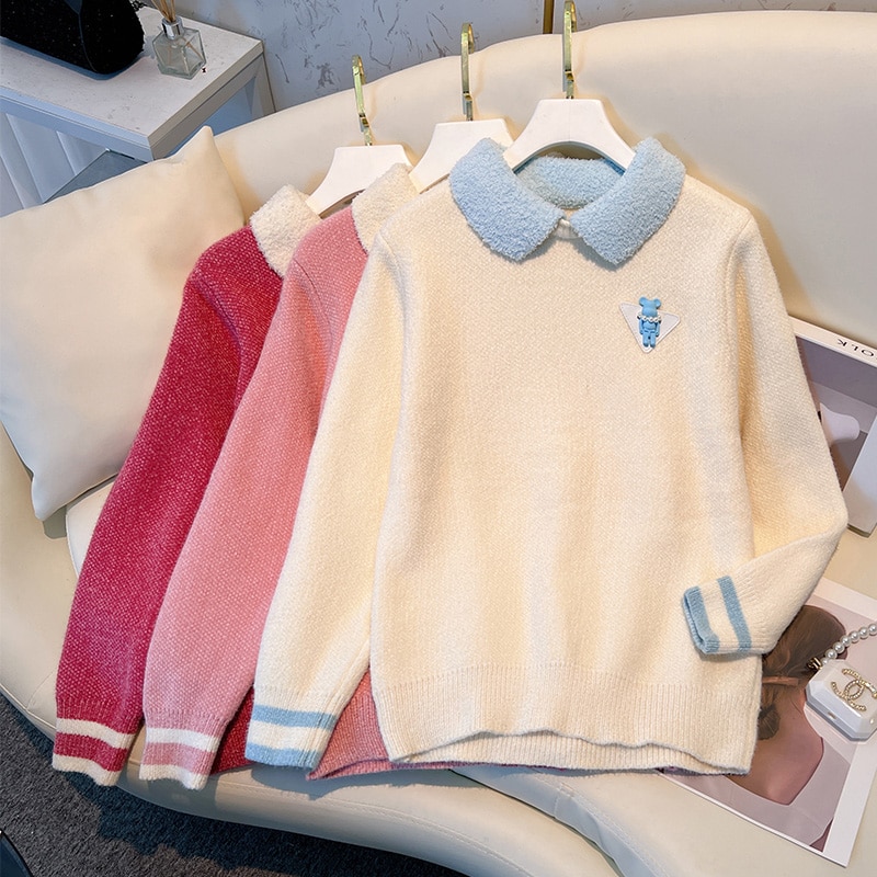 New Patchwork Knitted Sweater Women 2023 Autumn Winter Long Sleeve Turn-down Collar Pullover Tops Elegant Fashion Chic Ladies