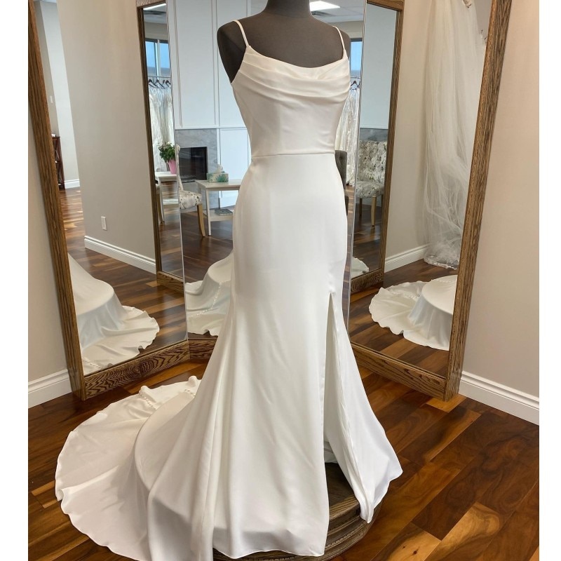 Spaghetti Straps Soft Satin Simple Wedding Dresses for Beach Side Slit Low Back Sexy Cheap Bridal Gowns for Wedding