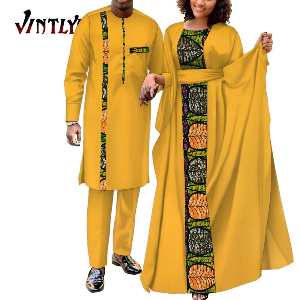 2 Pcs African Dresses for Women and Dashiki Men Suits Floral Print Couple Clothes Lovers Outfit Patchwork Robe Dress Wyq949