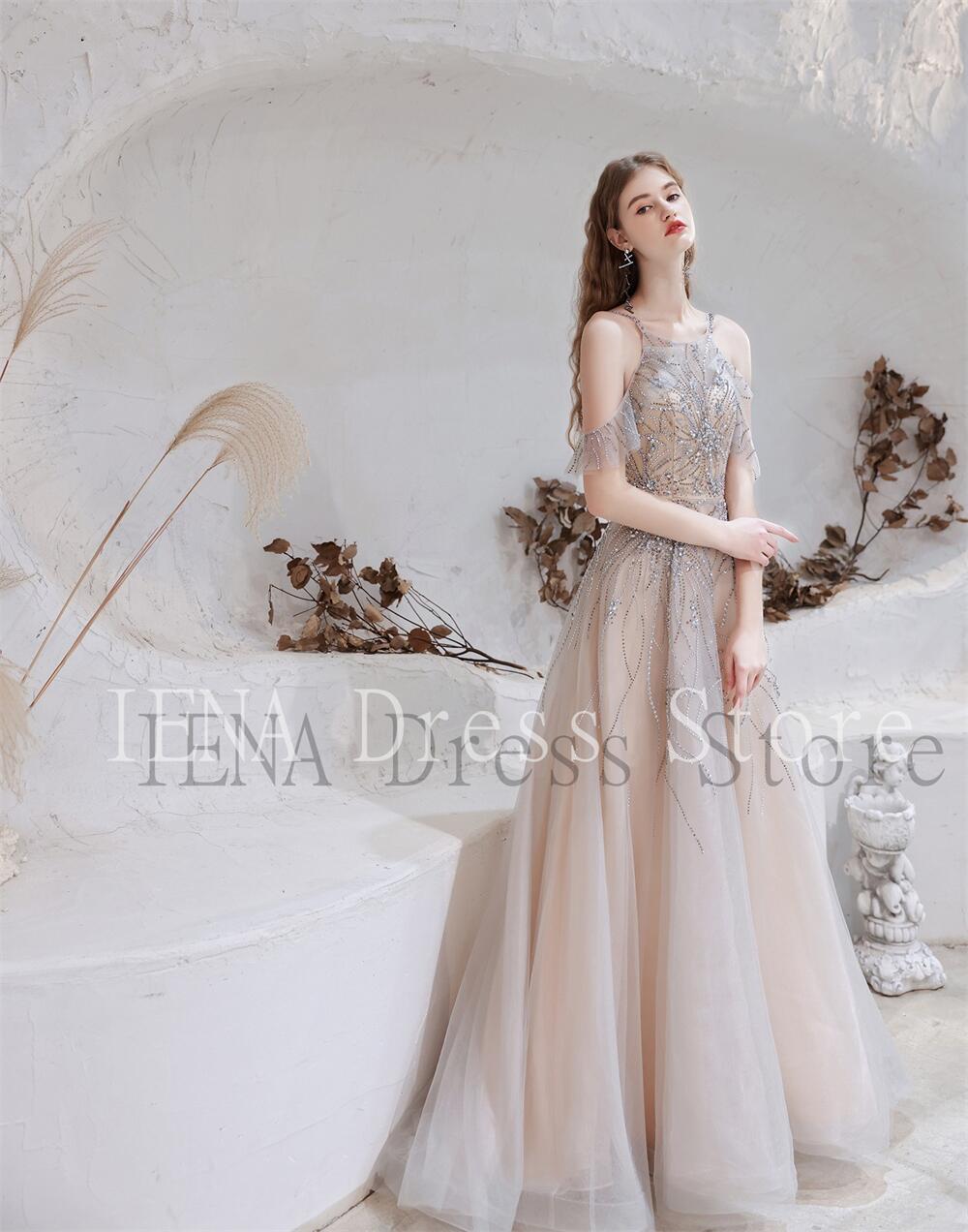 14273#IENA Champagne Sequins A-Line Prom Dresses Elegant Halter Evening Gown 2022 Off the Shoulder Plus Size Women Formal Dress