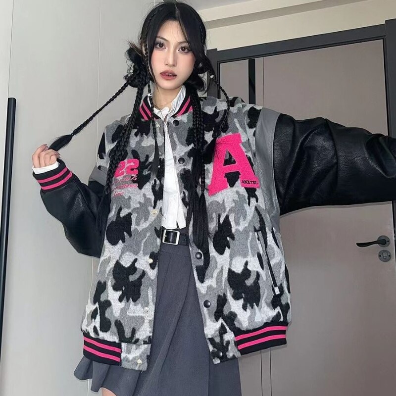 American retro camouflage baseball jacket women's 2022 new autumn and winter models Y2K tide stitching pu leather autumn jacket