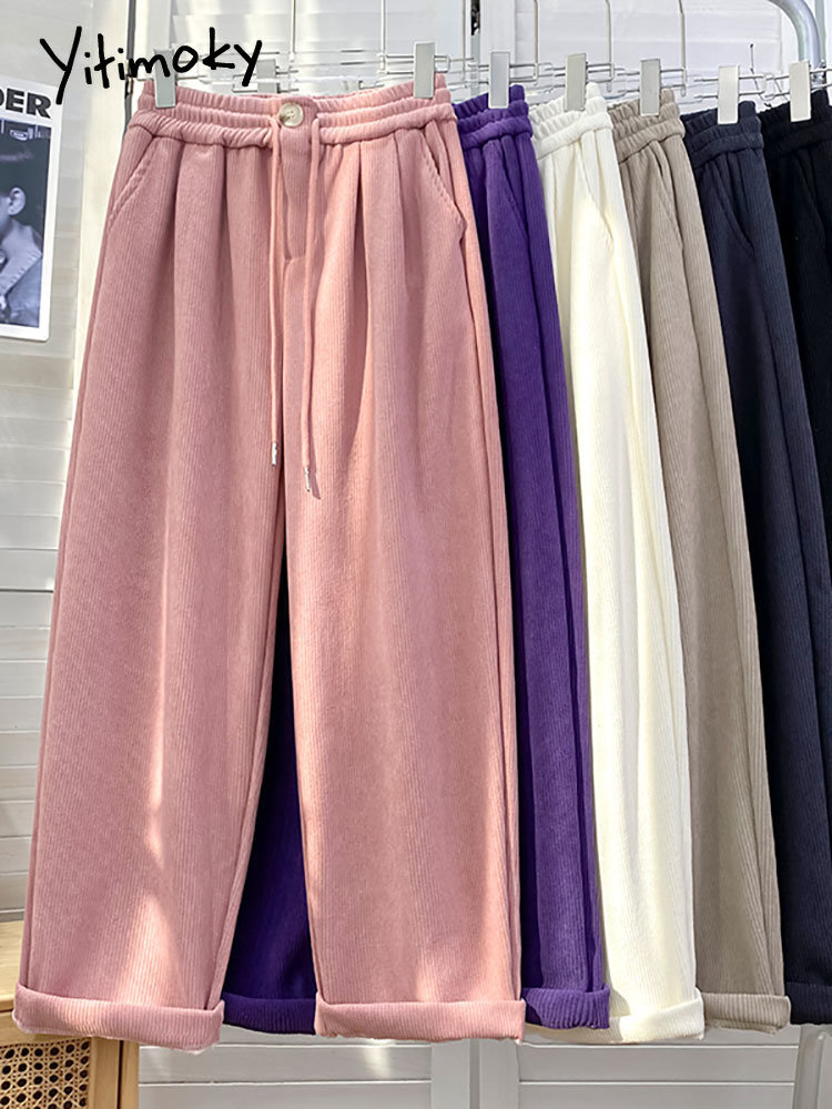 Yitimoky Wide Leg Pants Streetwear Women Thicken Warm Corduroy Elastic High Waist Techwear Autumn Winter 2022 Pink Drawstring