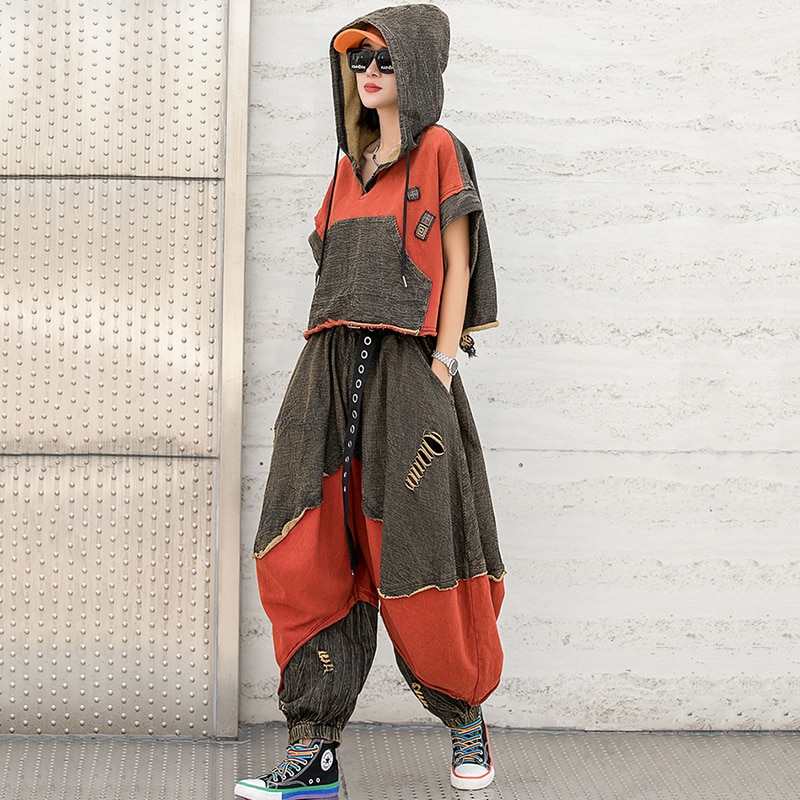 Women's Set Fashion Contrasting Color Stitching Hooded Suit 2022 Summer New Oversized Loose Personality Wide-leg Pants Two Sets